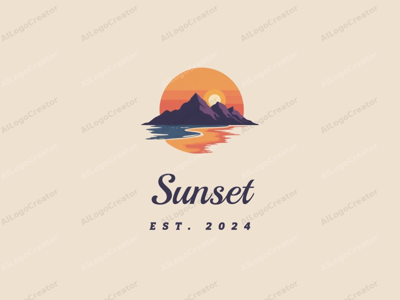 vintage design features a stylized sunset over a beach with mountains in the background, using a harmonious blend of orange and purple colors, combined with a clean and simple layout.