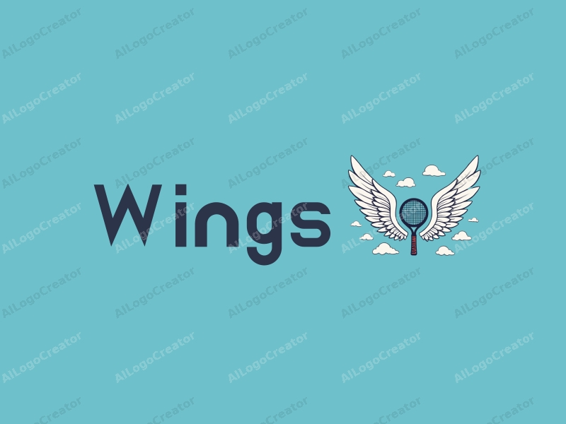 playful design features stylized wings and rackets intertwined with clouds, creating a sense of flight and creativity against a clean blue background.