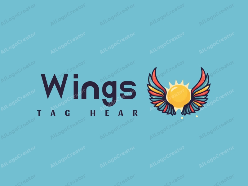 playful design features colorful wings and a sun, combined with a blue background, creating a sense of flight and creativity.