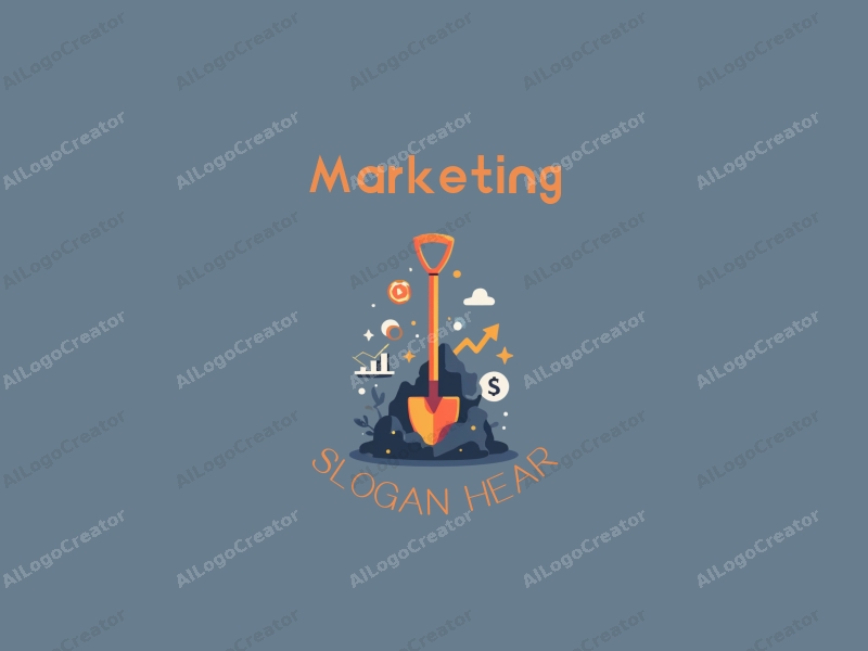 modern design features a stylized shovel and a chart, combined with marketing elements, using a clean background and a harmonious composition.