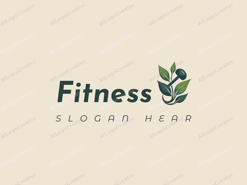 a modern design featuring a stylized dumbbell intertwined with leaves, emphasizing fitness and movement, combined with a clean background.