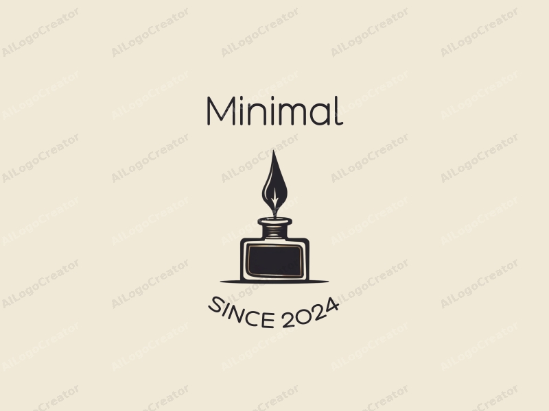 minimalist design features a stylized fountain pen and ink bottle, combined with a tag style approach and a clean background.