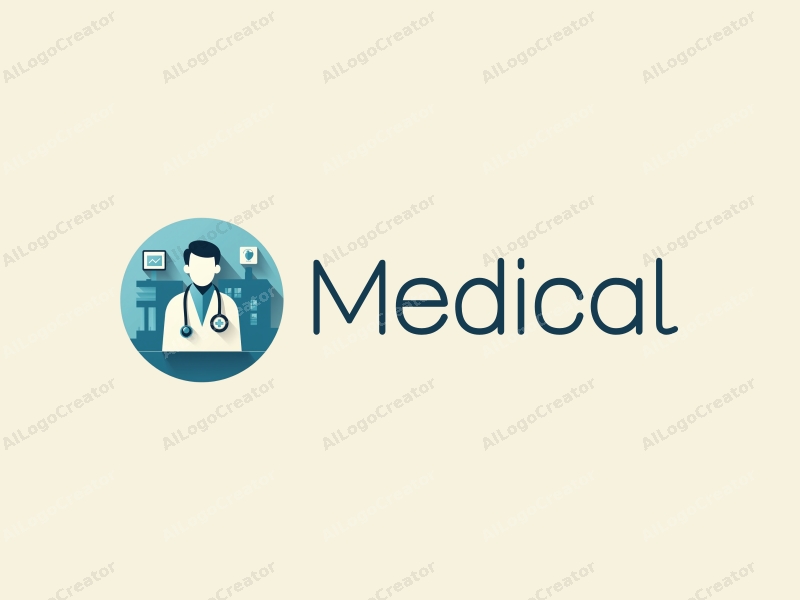 modern design features a stylized hospital silhouette, a doctor figure, a monitor, and a stethoscope, combined with a clean background.