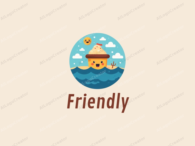 playful design features friendly elements like smiling faces and waves, a stylized container representing friendship, combined with a clean ocean background.