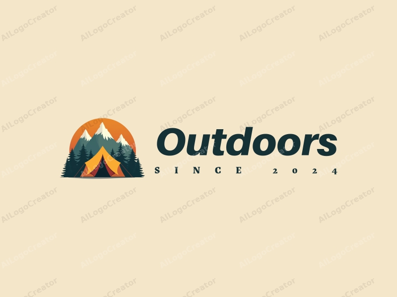 a modern design featuring a stylized camping tent and a mountain range, combined with a clean background and a harmonious composition.