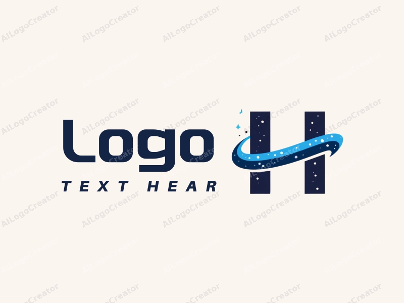 a modern minimalist design featuring elements of the universe, a stylized letter H, and a clean background with blue and black colors.