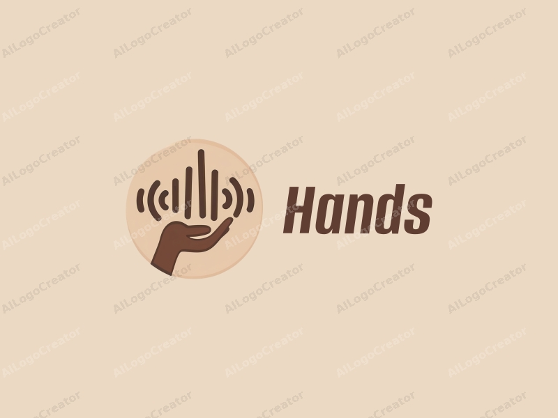 a modern minimalist design featuring a stylized hand holding sound waves and curves, combined with a clean background in skin tone colors.