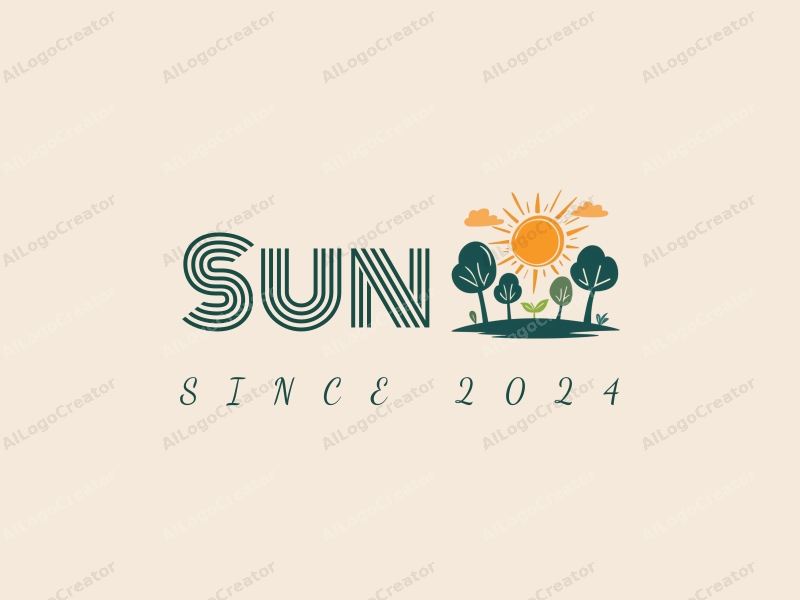 playful design features a bright sun radiating light, stylized trees with whimsical shapes, and fluffy clouds, combined with a clean background.