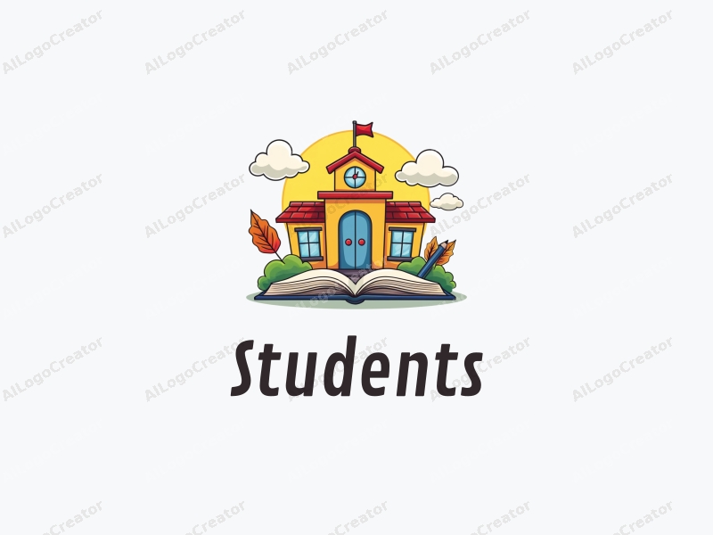 playful design features cheerful students, a stylized school building, open books, and pencils arranged harmoniously with a vibrant background.