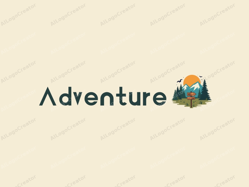 playful design features stylized mountains, a whimsical directional sign, and adventure elements combined with a clean background.