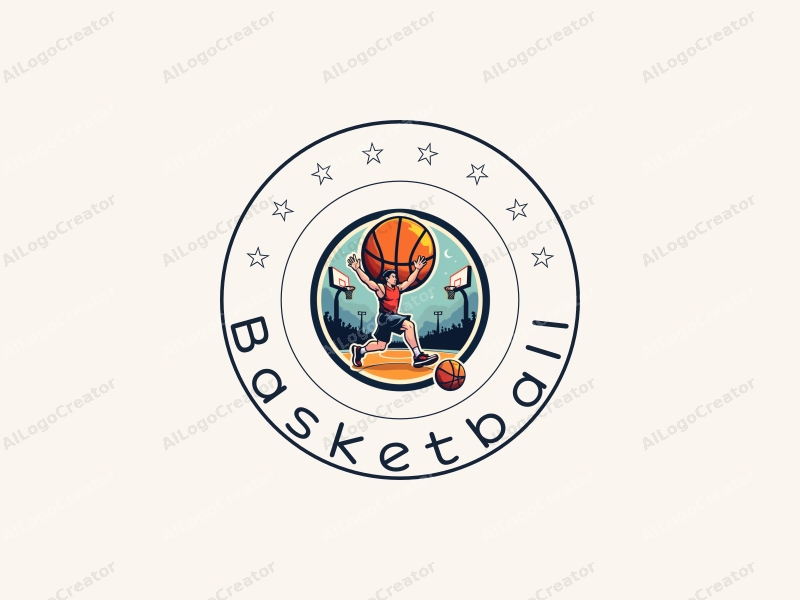 playful design features a stylized basketball, an energetic athlete in motion, a dynamic court background, and cheering crowds, combined with a clean and vibrant layout.