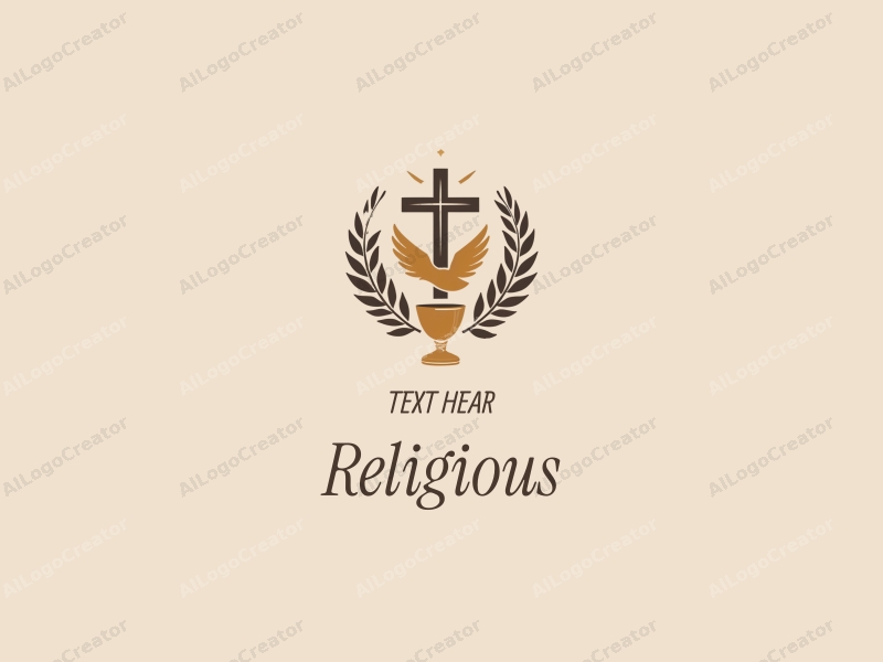 vintage design features a stylized cross, a chalice, and a dove, combined with a golden color palette and a clean background.