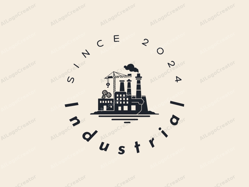 modern design features a stylized factory silhouette, interlocking gears, and a crane, combined with a clean background.