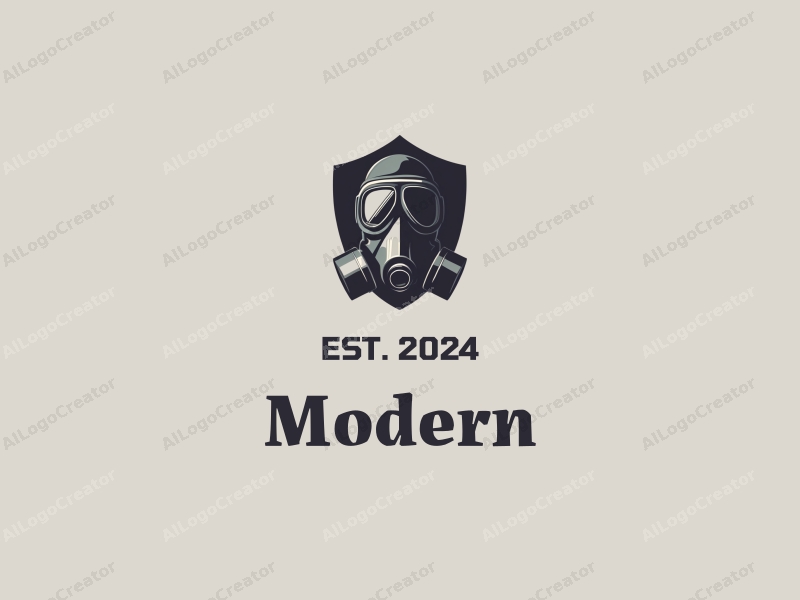 a modern minimalist design featuring a stylized shield and gas mask, combined with a clean background and innovative design approach.