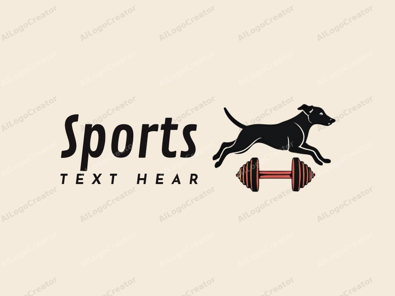 a modern design featuring a stylized silhouette of a running dog, integrated with fitness elements like dumbbells and a clean background, emphasizing movement and energy.