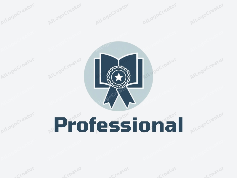 modern design features a stylized book and badge, representing professionalism and certification, combined with a clean background in blue and gray tones.