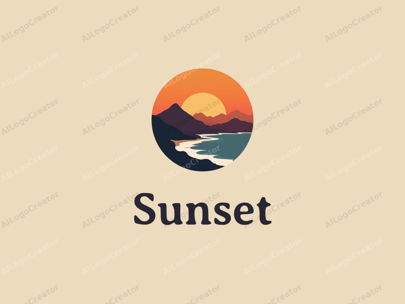 vintage design features a stylized sunset over a coastline with mountains in the background, using a harmonious blend of orange and purple colors, combined with a clean and simple layout.