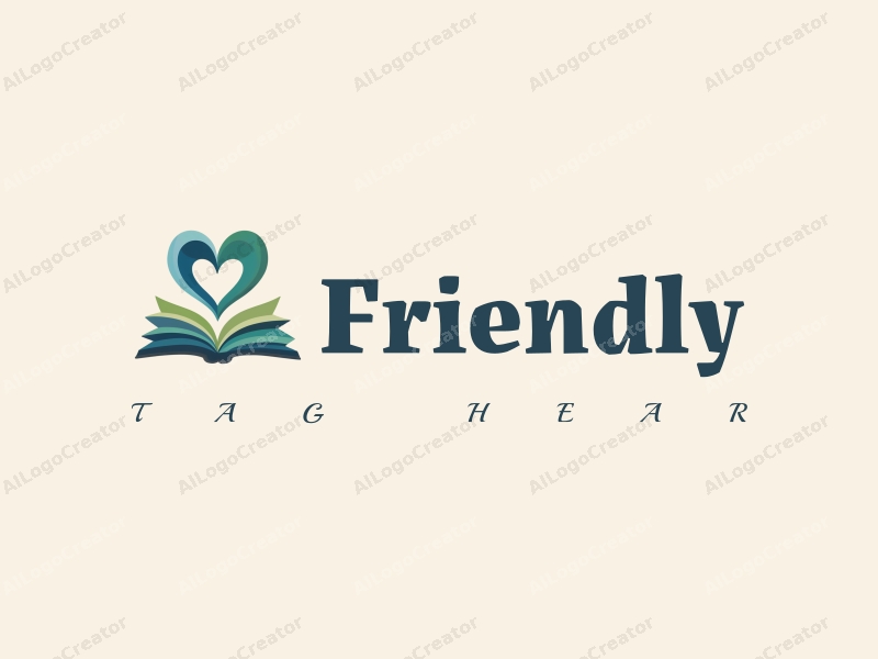 playful design features a heart shape intertwined with an open book, using blue and green colors, creating a friendly and inviting atmosphere with a clean background.