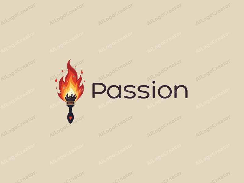 playful design features a dynamic paintbrush intertwined with a flame, symbolizing passion and enthusiasm, combined with a clean background.