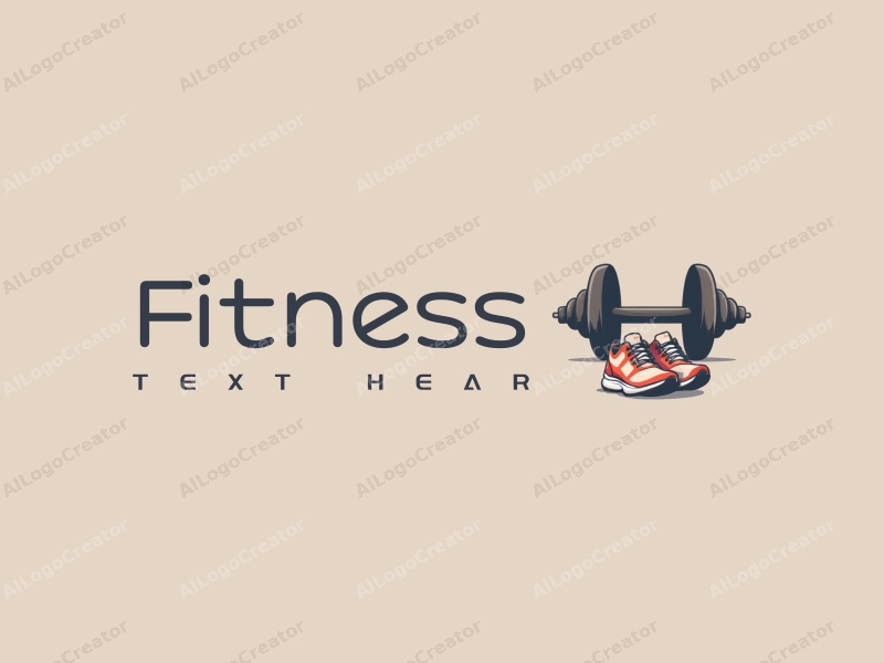 modern design features a stylized dumbbell and running shoes, combined with a clean background and a minimalist approach.