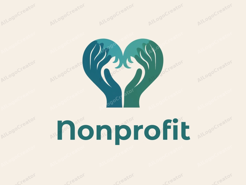 modern design features a heart shape integrated with a hand palm, symbolizing charity and volunteer work, using blue and green colors combined with a clean background.