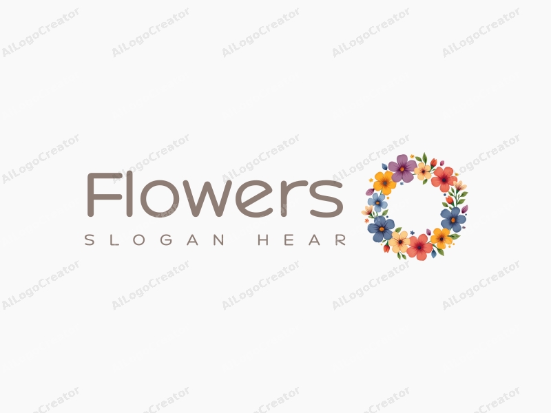 playful design features vibrant flowers and petals arranged in a circular wreath, incorporating flower buds, with a clean and harmonious background.