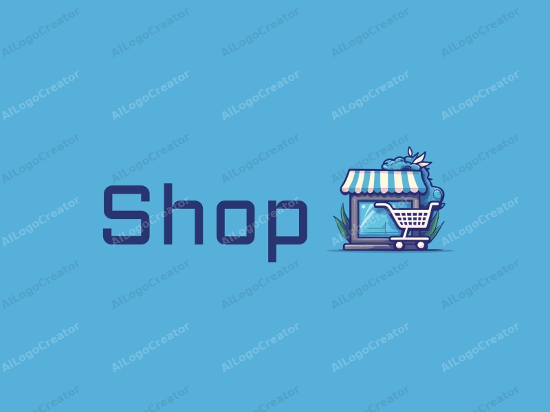 a modern design featuring a stylized shop and shopping cart, combined with a dragon element, using a clean and simple composition with a blue color palette.