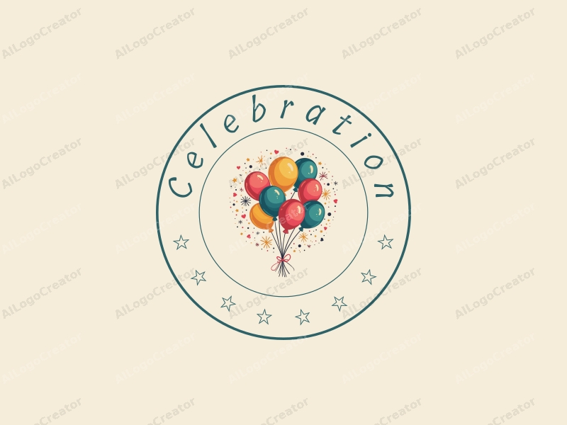 playful design features colorful balloons and vibrant fireworks, combined with a gold accent, creating a festive atmosphere with a clean background.