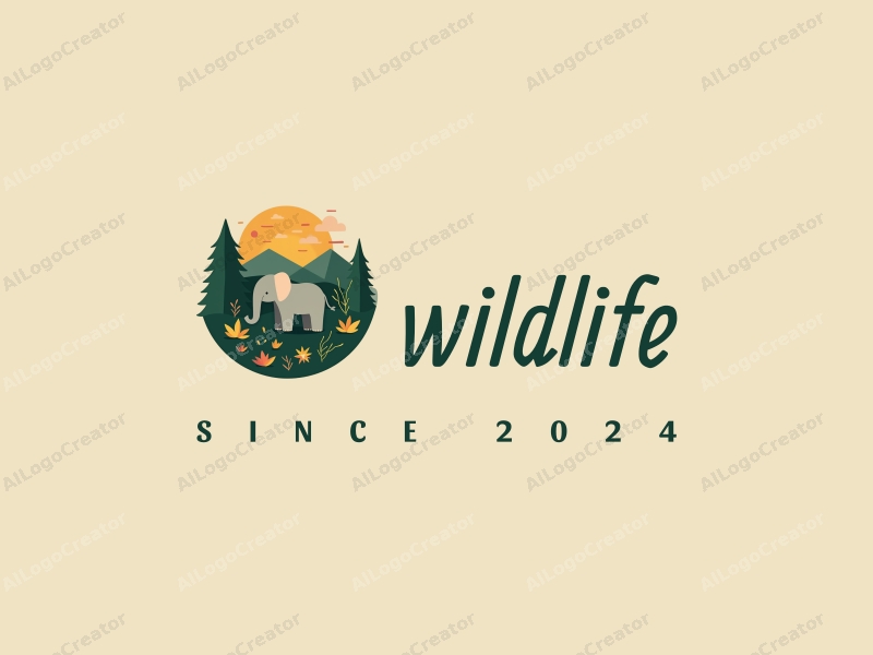 playful design features a stylized elephant amidst a lush forest, incorporating elements of wildlife and nature landscapes, with a clean background and harmonious composition.