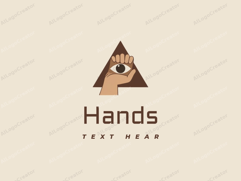 a modern minimalist design featuring a stylized hand holding an eye within a triangle, using skin tone colors against a clean background.