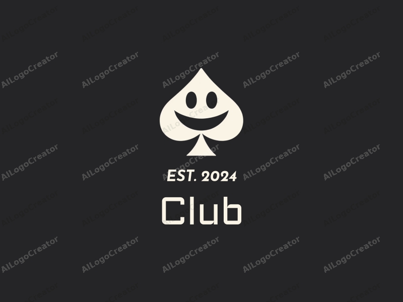 minimalist design features a stylized club silhouette, musical notes, and a smiling face, combined with a clean black background.