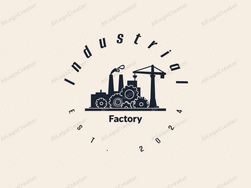 modern design features a stylized factory silhouette, interlocking gears, and a crane, combined with a clean background.