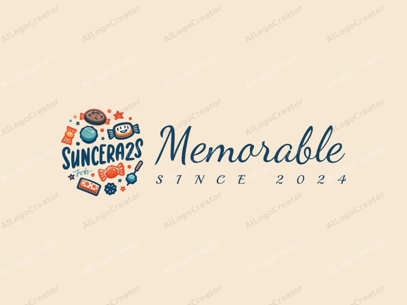 playful design features iconic symbols representing memories, stylized candy shapes, and packaging elements combined with a clean background in blue and orange colors.