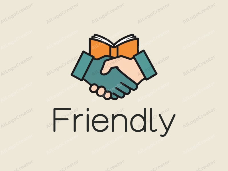 playful design features a stylized book and a handshake, combined with a clean background, emphasizing friendship and community in an educational and social context.