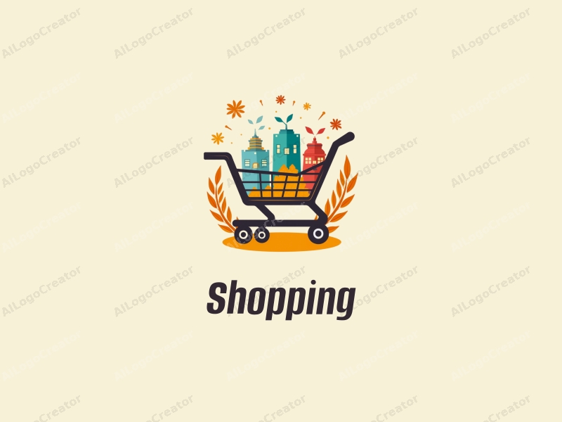 a modern design featuring colorful shopping carts and mall silhouettes, combined with stylized grains and saffron elements, set against a clean background.