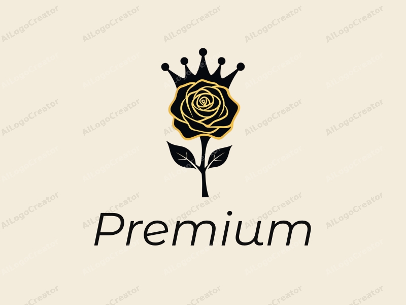 a modern design featuring a golden rose intertwined with a black crown, showcasing luxury and elegance, combined with a clean background.