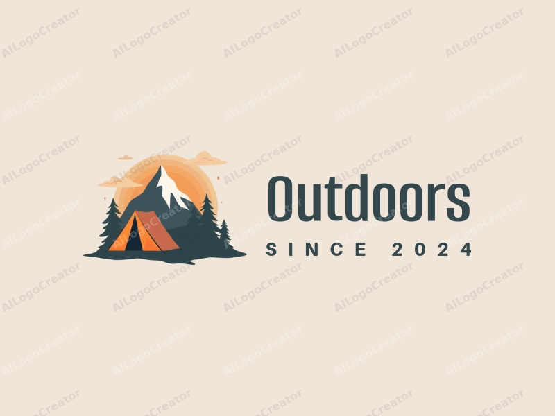 modern design features a stylized camping tent and mountain peak, combined with a clean background and a harmonious composition.