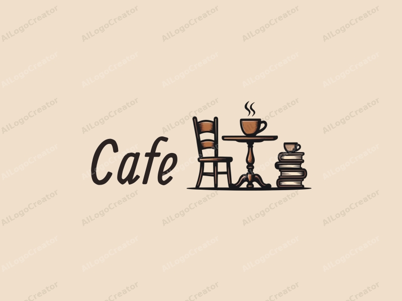 vintage design features a stylized coffee cup, a cozy table and chair setup, and a stack of books, combined with a clean background.