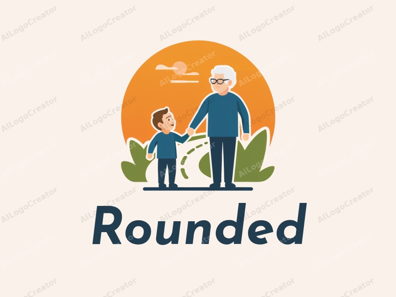 geometric design featuring an elderly person and a child holding hands, a stylized road in the background, combined with a clean and harmonious layout.