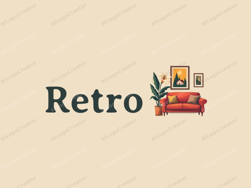 vintage design features a retro sofa and a retro poster, combined with a lily flower and a house, all set against a clean background.