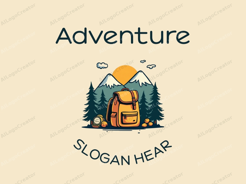 playful design features stylized mountains, a whimsical backpack, and elements of adventure and exploration combined with a clean background.