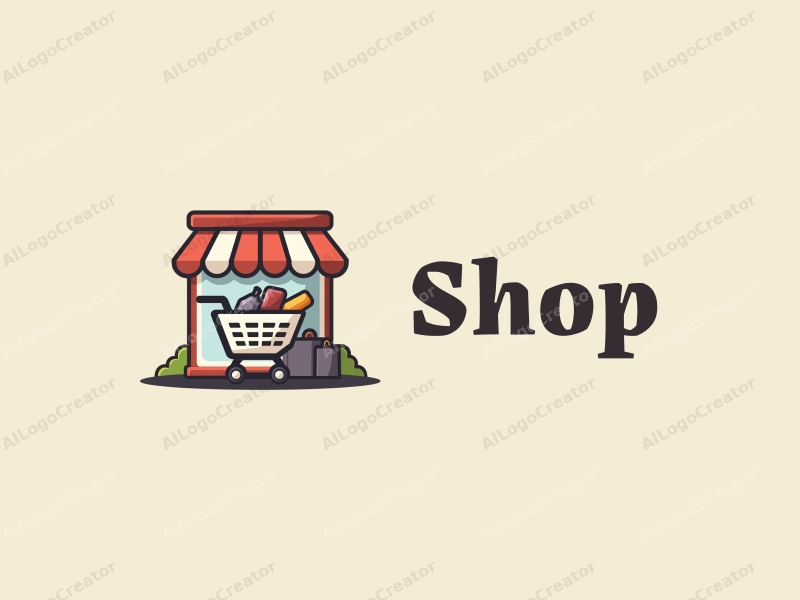 modern design features a stylized shop front, a shopping cart filled with products, combined with a clean background and a harmonious layout.