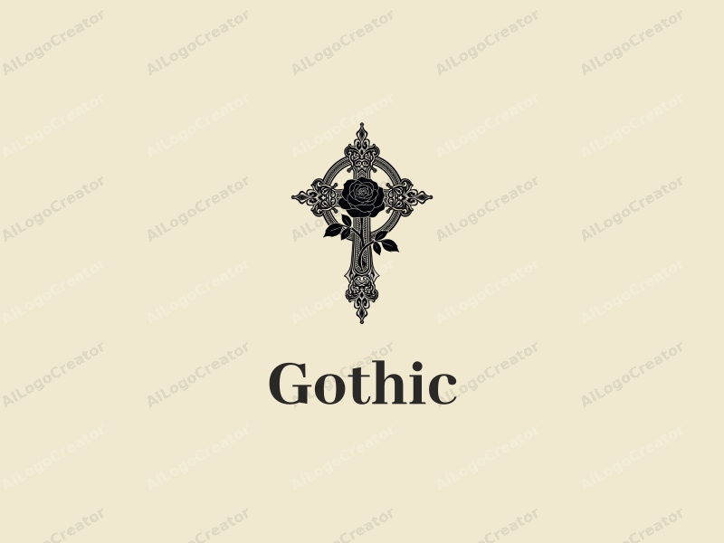 Gothic design features intricate Gothic architecture, stylized Gothic fashion elements, a black rose intertwined with a cross, combined with a clean background.