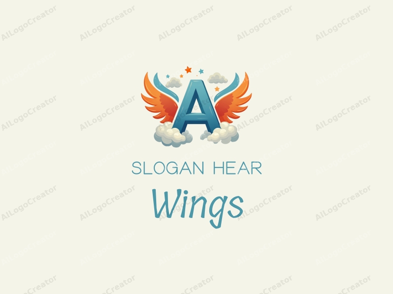 playful design features stylized wings and clouds, incorporating the letter A in a whimsical manner, combined with a clean background.