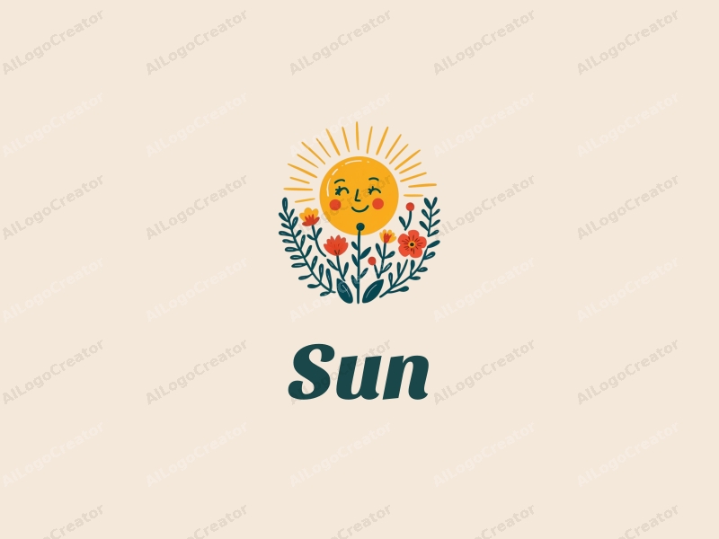 playful design features a bright sun radiating light, surrounded by whimsical flowers and leaves, combined with a clean background.