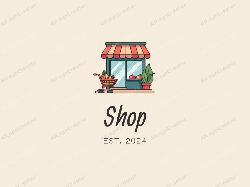 a modern design featuring a stylized shop front, a shopping cart, and elements of greenery, combined with a clean background.