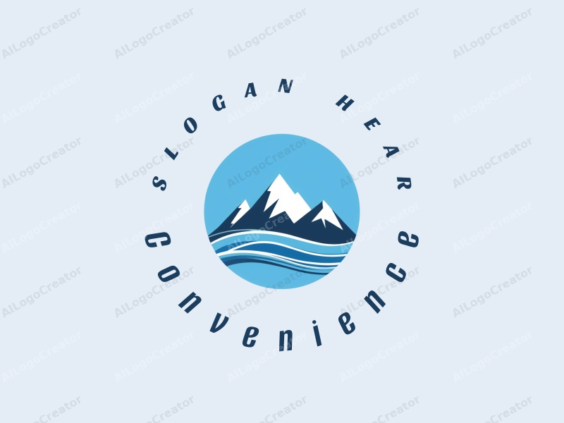 a modern design featuring stylized water waves and mountain peaks, emphasizing convenience and practicality, combined with a clean blue background.