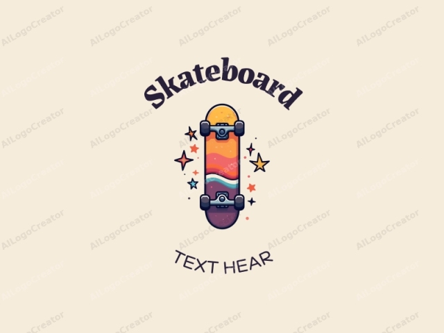 spielerisches Design mit einer lebendigen Skateboard-Silhouette und dynamischen Stern-Elementen, kombiniert mit einem sauberen Hintergrund für ein spaßiges und energetisches Gefühl.