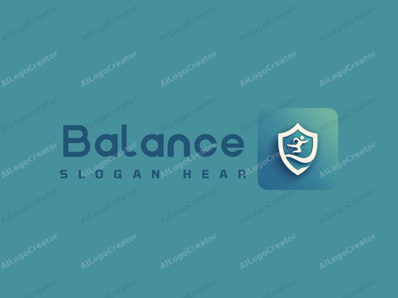 modern design features a stylized shield and an athlete in motion, emphasizing balance and harmony, combined with a clean background in blue and green tones.