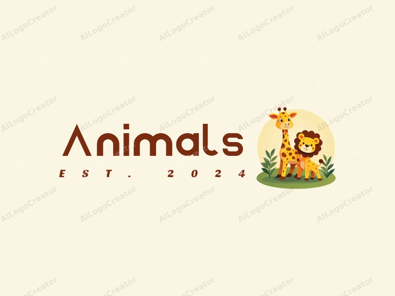 playful design features a small lion and a small giraffe in a vibrant, colorful setting, incorporating elements of wildlife and education, combined with a clean background.